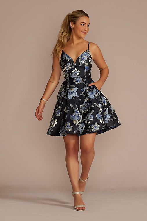 Jules and Cleo Plunging Metallic Floral Brocade A-Line Dress