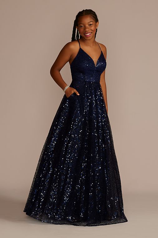 Jules and Cleo Illusion Plunge Allover Sequin Ball Gown