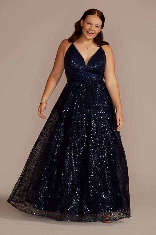 Jules and Cleo Illusion Plunge Allover Sequin Ball Gown