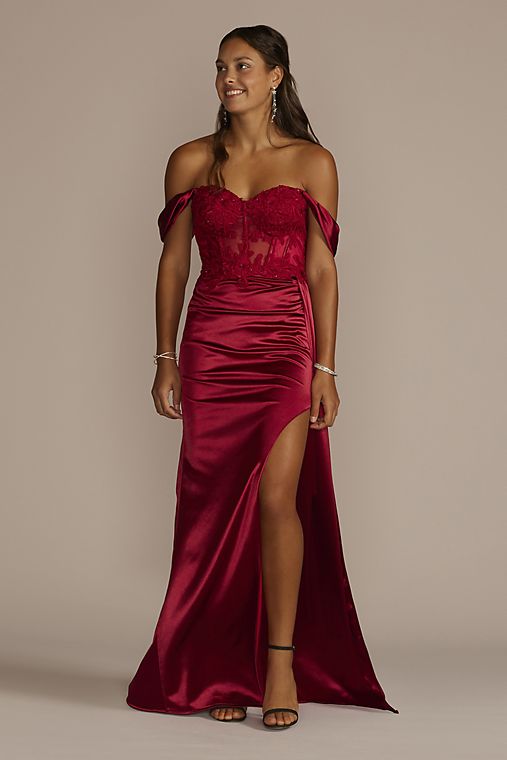 Jules and Cleo Off-Shoulder Satin Sheath with Embroidered Corset