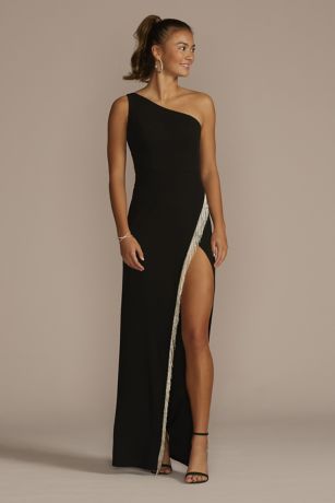 Picture of One-Shoulder Fringe Trimmed Crepe Sheath
