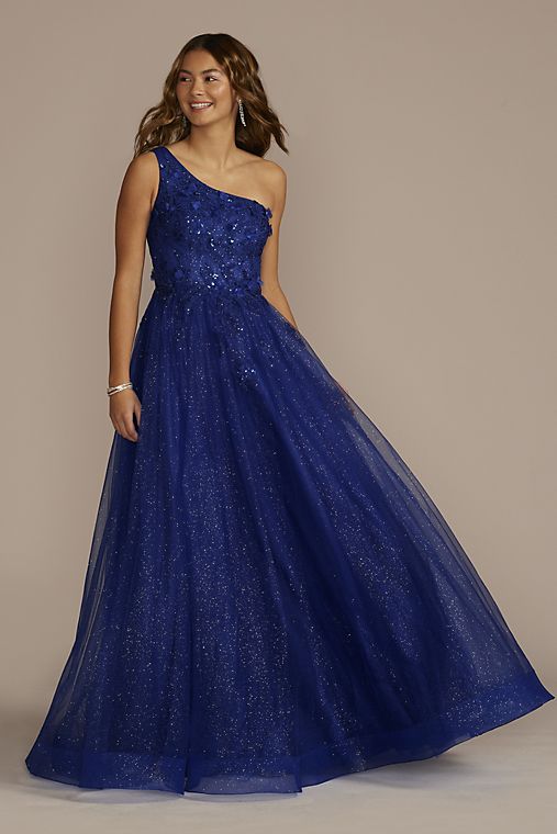 Jules and Cleo One-Shoulder Glitter Tulle 3D Floral Ball Gown