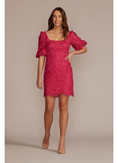 Knee Length Puff Sleeved Lace Sheath - Exude total boho vibes in this allover lace