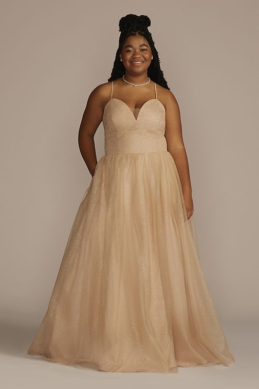 Jules and Cleo Lace-Up Glitter Tulle V-Neck Ball Gown