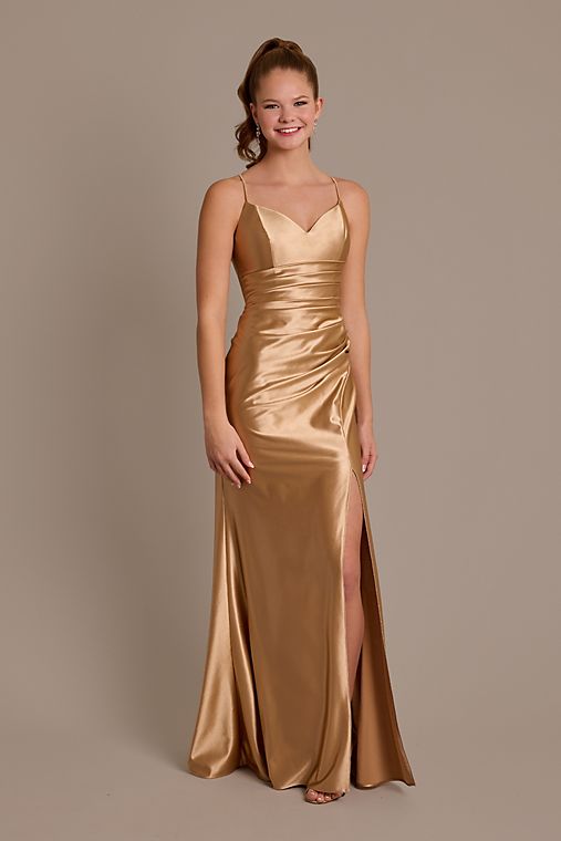 Jules and Cleo Pleated Stretch Satin Long Sheath Dress with Slit