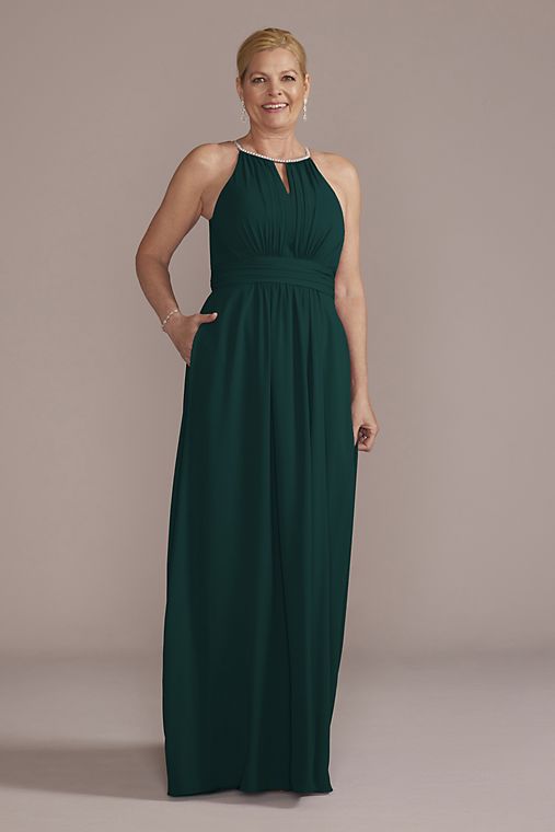 Oleg Cassini Georgette Gown with Keyhole and Jeweled Neckline