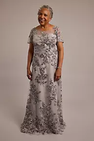 Oleg Cassini Short Sleeve Velvet Embroidery A-Line Dress