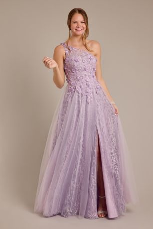 Jules and Cleo One-Shoulder Floral Glitter A-Line Dress in Prom Purple Size: 16 David's Bridal