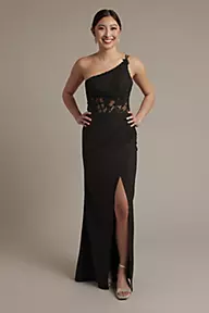 Galina Signature One-Shoulder Sheath Dress with Beaded Appliques