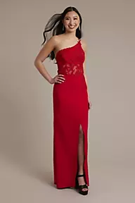 Galina Signature One-Shoulder Sheath Dress with Beaded Appliques