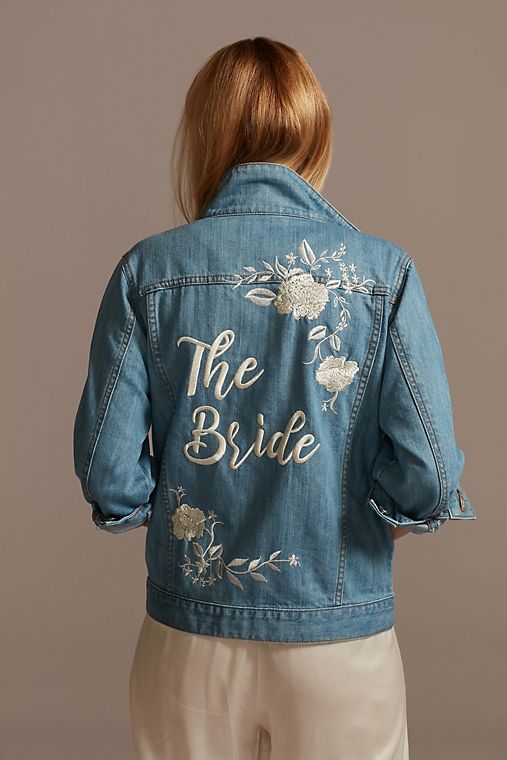 David's Bridal Embroidered Bride Jean Jacket with Flowers