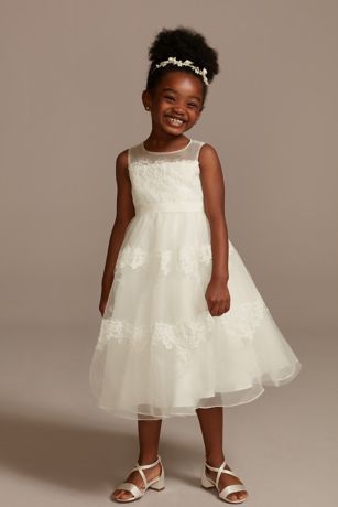 David's Bridal Banded Lace Illusion Flower Girl Dress