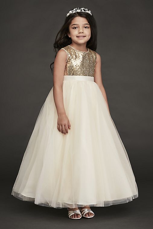 David's Bridal Heart Back Sequin and Tulle Flower Girl Gown