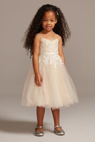 Floral Applique Spaghetti Strap Flower Girl Dress in Solid Ivory Size: 5 David's Bridal