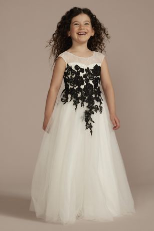 Illusion And Tulle Flower Girl Dress With Applique in Black/Ivory Size: 7 David's Bridal