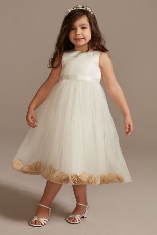 Satin Tulle Flower Girl Dress With Colored Petals in Ivory/Champagne Solid Size: 3 David's Bridal