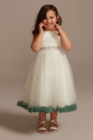 Satin Tulle Flower Girl Dress With Colored Petals in Ivory/Juniper Solid Size: 14 David's Bridal