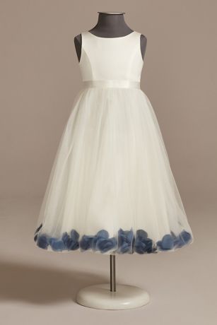 Satin Tulle Flower Girl Dress With Colored Petals in Ivory/Steel Blue Solid Size: 10 David's Bridal