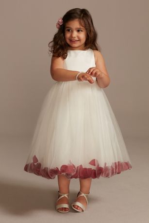 Satin Tulle Flower Girl Dress With Colored Petals in White/Apple Solid Size: 2T David's Bridal