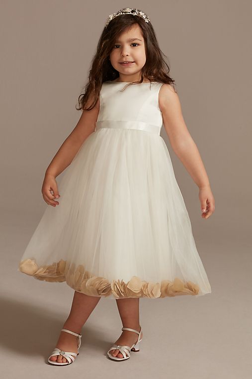 David's Bridal Satin Tulle Flower Girl Dress with Colored Petals