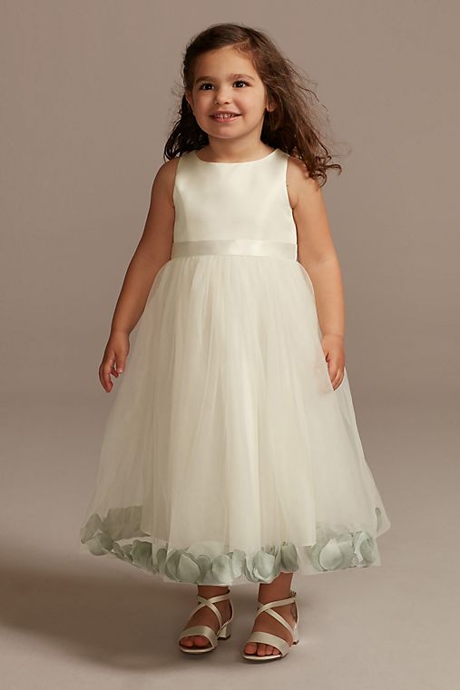 David's Bridal Satin Tulle Flower Girl Dress with Colored Petals