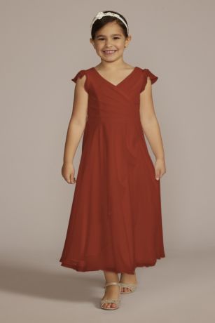 DB Studio Faux-Wrap Flutter Sleeve Chiffon Flower Girl Dress in Cinnamon Size: 4 David's Bridal