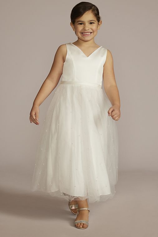 DB Studio V-Back Tulle Flower Girl Dress with Pearls and Bow