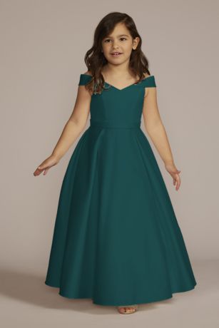 DB Studio Satin Off-The-Shoulder Flower Girl Dress in Gem Size: 8 David's Bridal