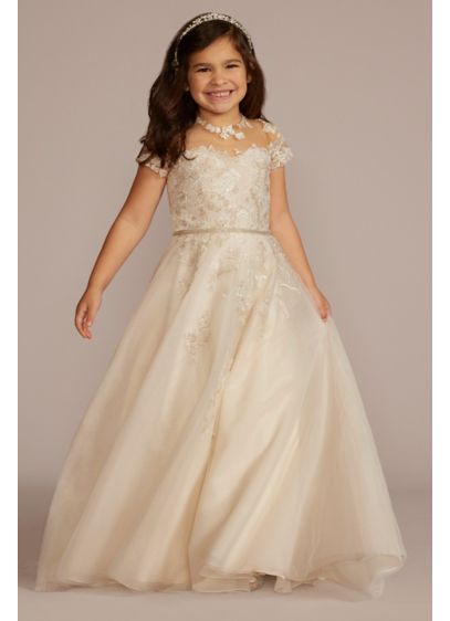 Appliqued Cap Sleeve Lace-Up Flower Girl Dress - The ball gown skirt of this exquisite flower