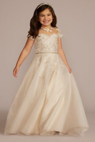 DB Studio Appliqued Cap Sleeve Lace-Up Flower Girl Dress in Solid Ivory Size: 10 David's Bridal