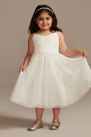 DB Studio Pleated Mesh Spaghetti Strap Flower Girl Dress in Soft White Size: 12 David's Bridal