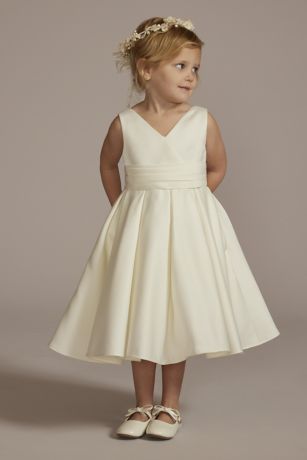 David's Bridal Satin Tea-Length Ball Gown Flower Girl Dress