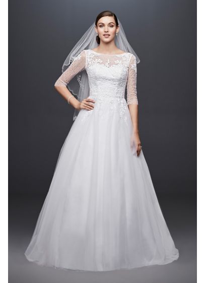 3/4 Sleeve Wedding Dress with Lace and Tulle Skirt - Davids Bridal
