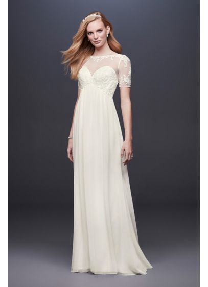 Chiffon Wedding Dress with Illusion Lace Sleeves David s Chiffon Wedding Dress with Illusion Lace Sleeves David s