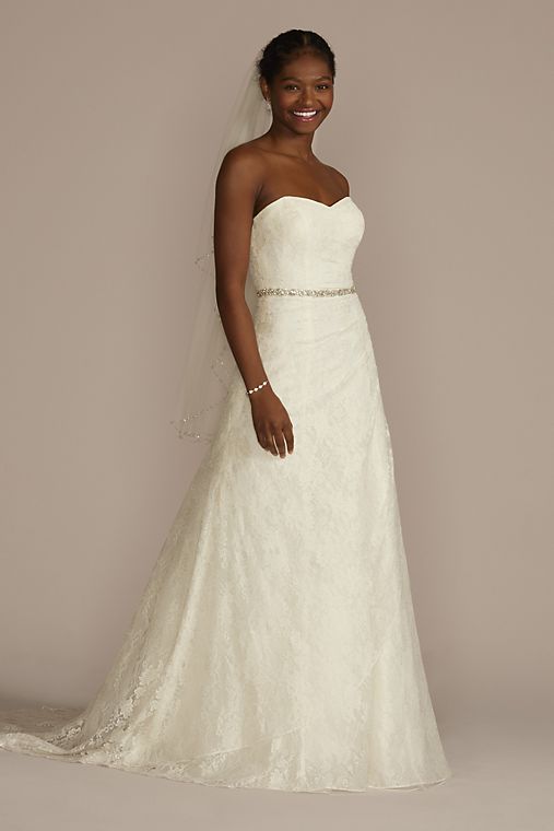 David's Bridal Allover Lace A-Line Strapless Wedding Dress