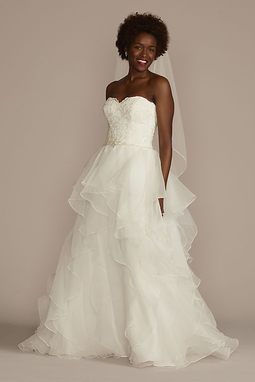 David's Bridal Collection Lace and Organza Petite Wedding Ball Gown