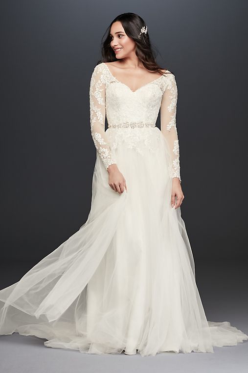 David's Bridal Collection Long Sleeve Wedding Dress With Low Back 