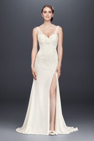 beaded illusion and crepe sheath wedding dress