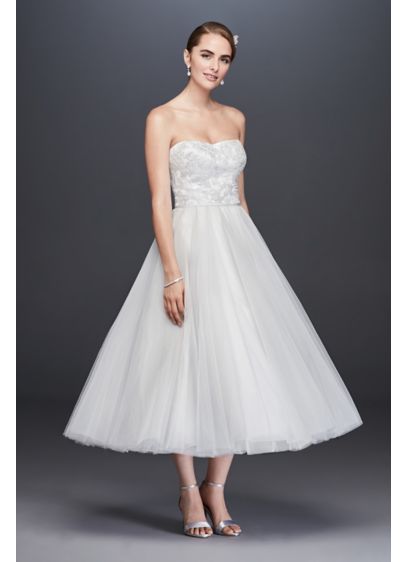 Lace Appliqued Tulle  Tea Length Wedding  Dress  David s Bridal 