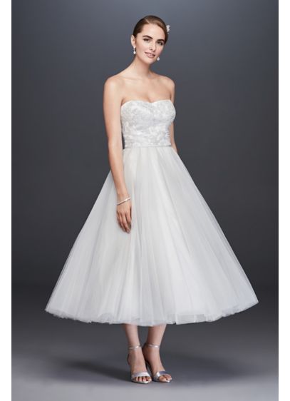 Lace Appliqued Tulle Tea Length Wedding Dress David s Bridal Lace Appliqued Tulle Tea Length Wedding Dress David s Bridal