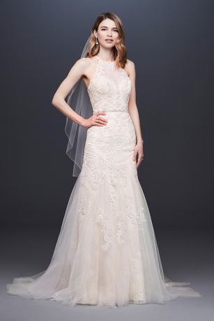 high neck lace mermaid wedding dress