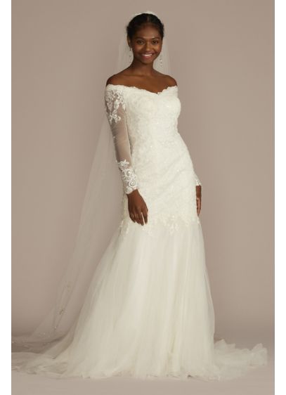 Long Sleeve Off the Shoulder Trumpet Wedding Dress David Long Sleeve Off the Shoulder Trumpet Wedding Dress David