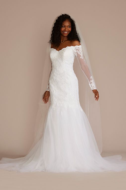 David's Bridal Collection Long Sleeve Lace and Tulle Trumpet Wedding Dress