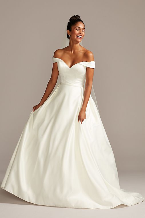 David's Bridal Collection Off Shoulder Satin Gown Wedding Dress