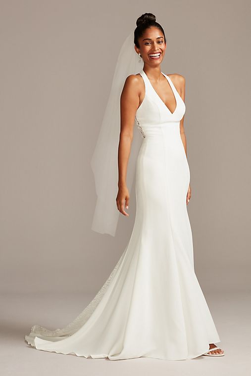 David's Bridal Collection Sheer Back Crepe Wedding Dress with Lace Train