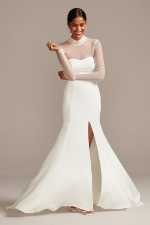 crepe long sleeve wedding dress with beaded illusion back