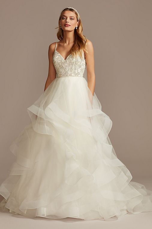 David's Bridal Beaded Bodice with Tiered Skirt Wedding Dress