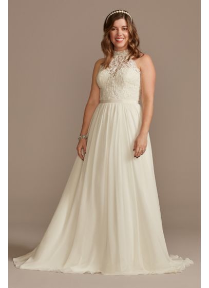 High Neck Illusion Lace and Chiffon Wedding Dress - This high-neck wedding dress is the picture of