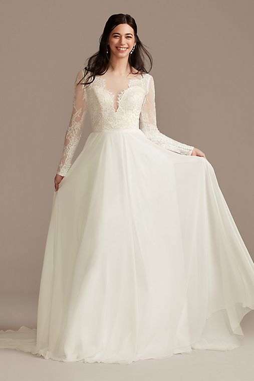 DB Studio Long Sleeve Plunge Lace Chiffon Wedding Dress