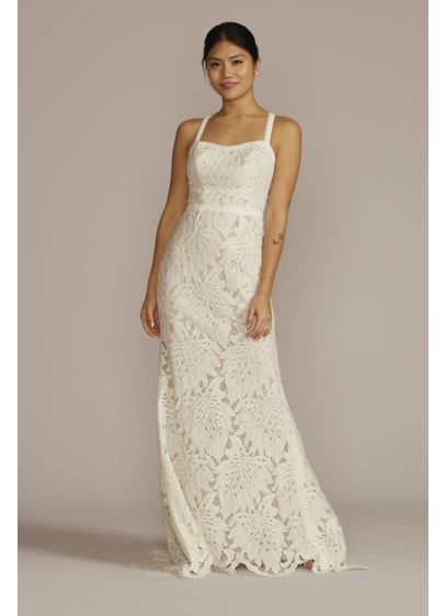 Floral Lace Halter Sheath Wedding Gown - This full-length sheath's allover lace and keyhole back